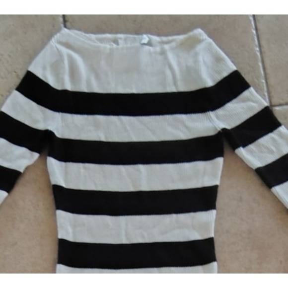 Black White Striped Knit Midi Sweater Dress XS Boat Neck Long Sleeve Nautical - Picture 4 of 7